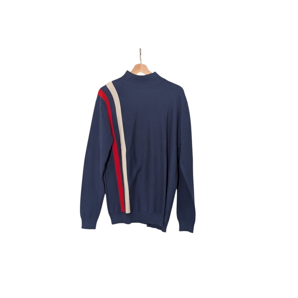 Oxknitstore Navy Retro Turtleneck Sweater with Red and White Stripes Men's, L